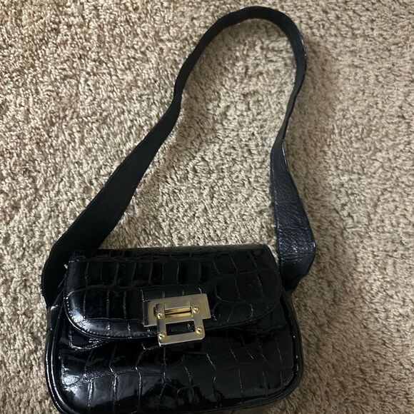 Black Stuart Weitzman Patent Leather Croc Bag - Picture 5 of 14